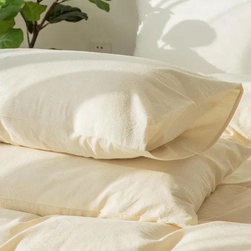 Vista 3 de MooMee Juego de 2 fundas de almohada 100% algodón lavado con textura parecida al lino, transpirable, duradera, suave y cómoda