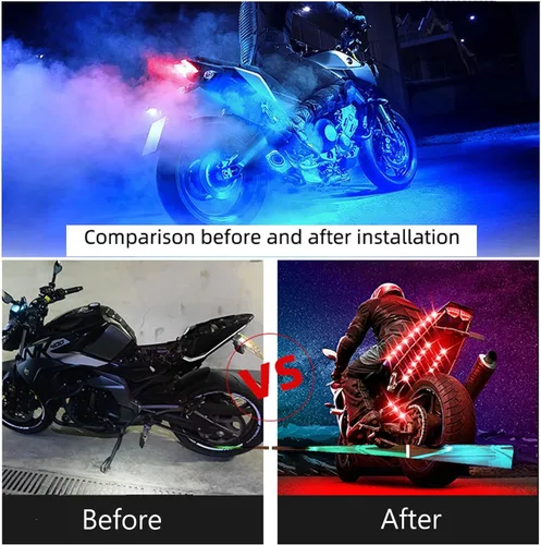 Vista 2 de Kit de luces subterráneas para motocicleta, 8 tiras de luces LED con sincronización de música, control remoto RF y control de aplicaciones