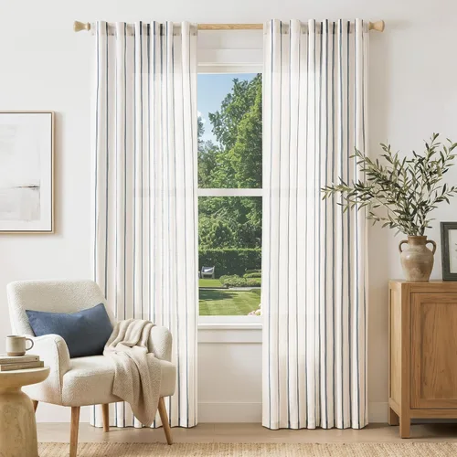 Vista 14 de Vangao Cortinas de lino a rayas para sala de estar, dormitorio, casa rural con estampado de rayas de tictac, cortinas impresas con ojales