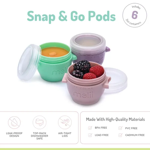 Vista 2 de melii Snap & Go Contenedores de almacenamiento de alimentos para bebés con tapas, recipientes para aperitivos, aptos para congelador, 2 onzas