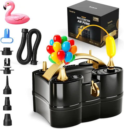 Bezente Balloon Pump Electric, 3-in-1 Portable Black Gold Electric Air Machine Balloon Pump Dual Nozzle Balloon Inflator for Inflatables and Latex