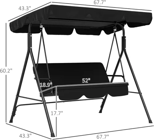 Vista 7 de Outsunny - Silla de columpio para patio al aire libre de 3 asientos con cojín extraíble, soporte de estructura de acero y toldo inclinable ajustable