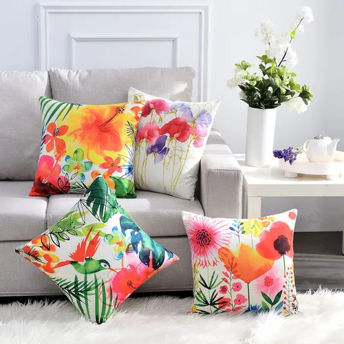 Vista 2 de Funda de almohada decorativa para exteriores de 18 x 18 pulgadas, fundas de cojín de flores de patio para sofá, cama (relleno no incluido), 4
