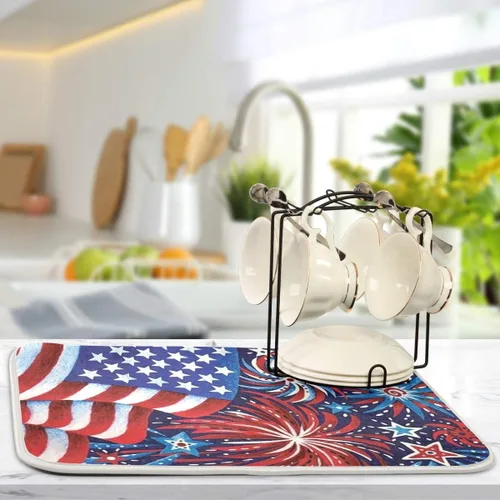 Vista 5 de Tapete patriótico de secado de platos de fuegos artificiales de 16 x 18 pulgadas para cocina, Día de la Independencia conmemorativo del 4 de julio