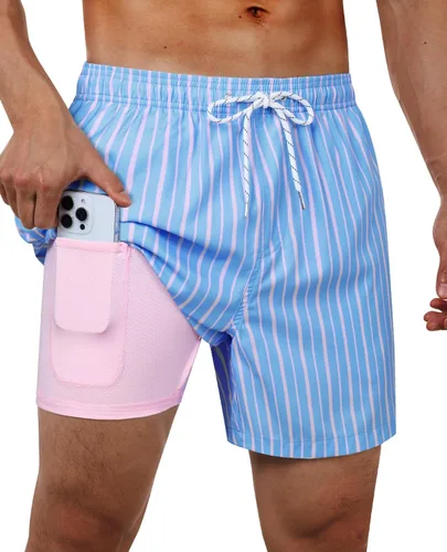 Vista 36 de Gleeease Traje de baño para hombre de 5 pulgadas con forro de compresión, bolsillos, cordón, secado rápido, elástico, divertido, playa, natación