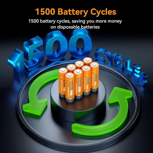 Vista 2 de Henreepow Baterías AA recargables de 1.2 V, baterías recargables AA de alta capacidad de 2000 mAh, capacidad real, 1500 ciclos de recarga, larga