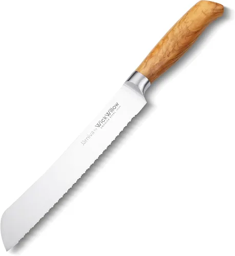 Vista 9 de WICKWILLOW Cuchillo para pan de 8 pulgadas, acero 14C28N con mango de madera de olivo italiano, cuchillo de doble dentado para masa madre y pan