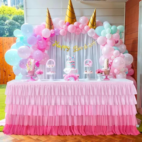 Vista 8 de Falda de mesa de tul con tutú rosa de 6 pies para mesas redondas rectangulares, mantel de gasa para decoración de fiesta de primer cumpleaños, baby
