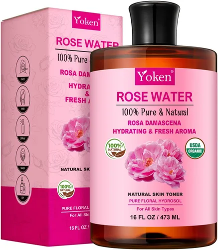 Yoken Tónico de agua de rosas orgánico para cara, 16 onzas líquidas, hidrosol rosa damascena 100% puro y natural, certificado orgánico USDA, agua de