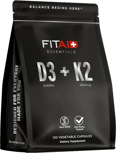 FITAID Essentials Suplemento de vitamina D3 K2 de 5000 UI, 125mcg D3 + 100mcg K2 MK7, suplementos VIT D3 y K2 de alta absorción para atletas, salud