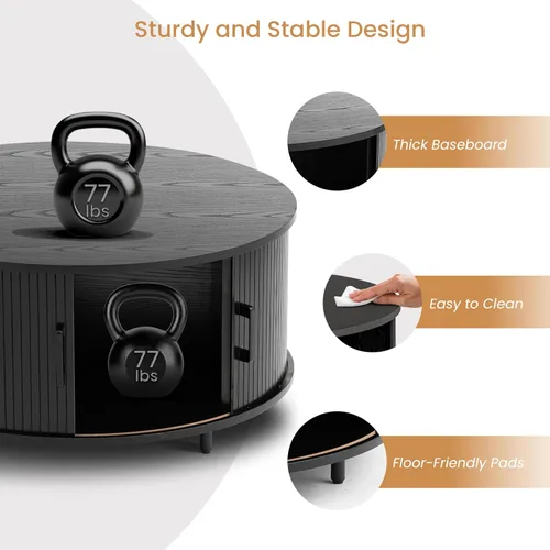 Vista 5 de COSIEST Mesa auxiliar redonda con almacenamiento, mesa de centro negra moderna de 31.5 pulgadas con puerta corredera de 360°, mesa central de madera