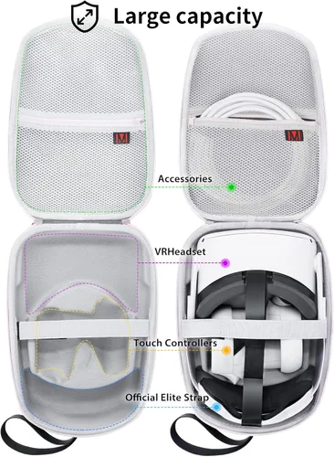 Vista 2 de RYOKO Funda de transporte rígida compatible con MetaOculus Quest 2 Version VR Gaming Headset y correa Elite con batería y otros accesorios adecuada