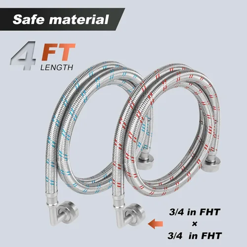 Vista 3 de Mangueras para lavadora, mangueras de lavado de codo de 90 grados de 4 pies, paquete de 2 líneas de suministro de agua trenzadas de acero inoxidable