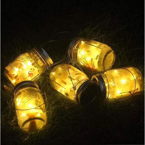 Vista 6 de YJFWAL Luz solar para tarros, paquete de 8 luces LED impermeables para tapa de tarro de luciérnaga, incluye 8 ganchos y 2 piezas de PVC