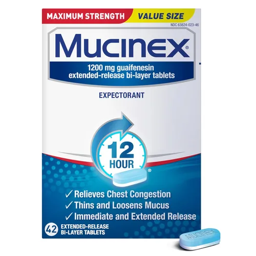 Congestión del Pecho, Mucinex Tabletas de Liberación Prolongada de Máxima Potencia de 12 Horas, 42ct, 1200 mg de Guaifenesina con alivio prolongado
