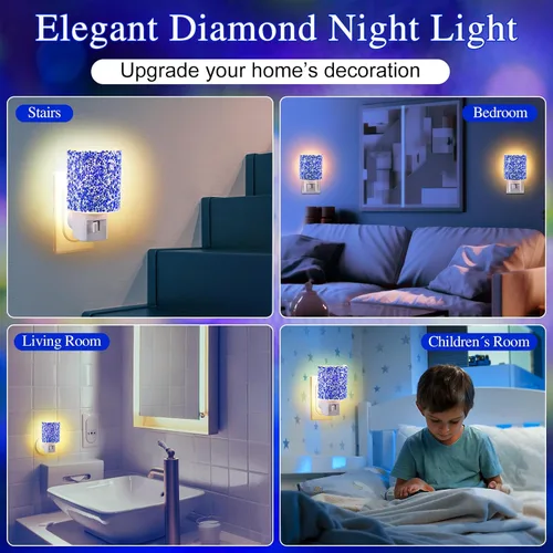 Vista 7 de Luz nocturna LED enchufable a la pared, luz nocturna de cristal con interruptor de encendido y apagado manual, luz nocturna blanca cálida con Azul