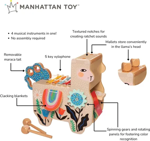 Vista 4 de Manhattan Toy Pollo Musical Instrumento de Madera para Niños Pequeños con Xilófono, Baquetas, Platillo y Maraca, Azul