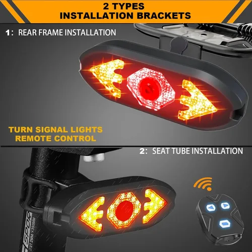 Vista 6 de Luz trasera de bicicleta recargable por USB, luces de giro para bicicleta, luz trasera impermeable de advertencia de seguridad con 2 tipos