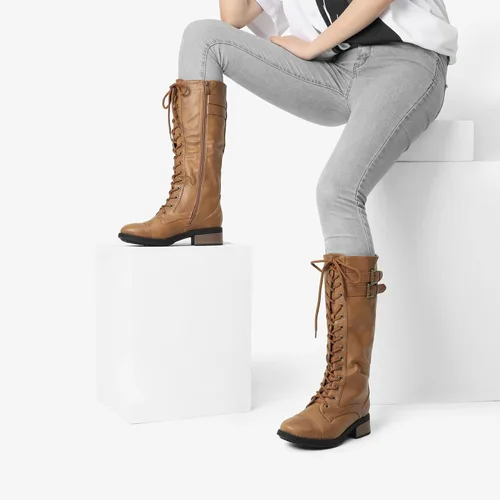 Vista 9 de DREAM PAIRS - Botas de poliuretano a la rodilla para mujer, estilo de equitación o combate