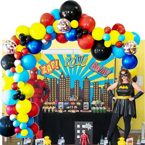 Vista 4 de Kit de arco de guirnalda de globos de cumpleaños de superhéroe, globos de fiesta de color rojo, azul, amarillo y negro con confeti, tema