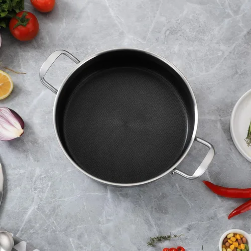 Vista 6 de Sartén Saltear de Acero Inoxidable de Tres Capas de 7 Cuartos, Sartén Antiadherente de 12 Pulgadas con Tapas, Utensilios de Cocina de Calor Rápido