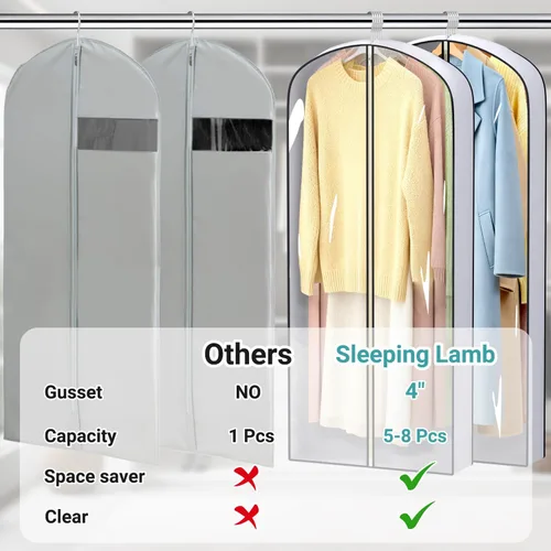 Vista 24 de SLEEPING LAMB Bolsas de ropa con fuelle de 60 pulgadas para almacenamiento de armario, bolsa de vestir transparente para colgar ropa para vestidos