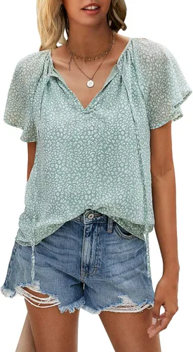 Vista 3 de Mansy - Blusas de manga corta con cuello en V para mujer, estampado floral, casual, con volantes, blusas sueltas de verano