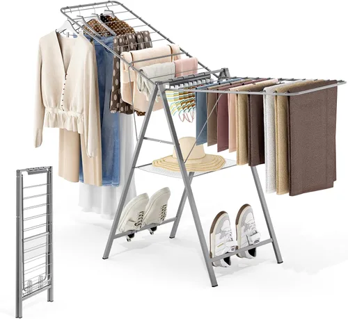 Vista 10 de APEXCHASER Perchero de Ropa Plegable, Perchero de Secado de Metal para Lavandería con Barras de Altura Ajustable, Perchero Ultra Delgado para Ropa