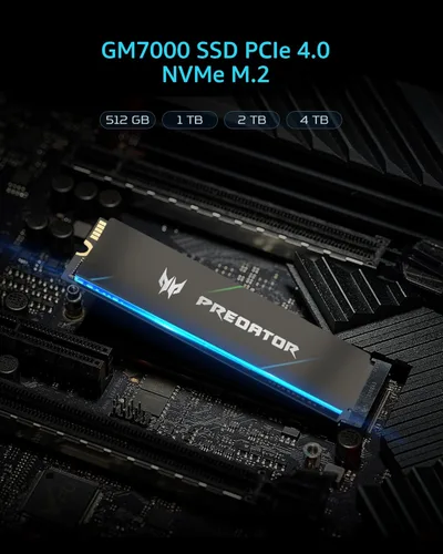 Vista 7 de Predator M.2 SSD 2TB GM7000 con caché DRAM NVMe 1.4 2280 PCIe Gen4×4 Ultra alta velocidad (lectura máxima: 7400MB/s, escritura máxima: 6700MB/s) SSD