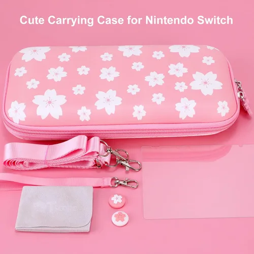Vista 6 de Tscope Bonita funda de transporte para Nintendo Switch OLED, funda protectora de Sakura rosa portátil, bolsa de hombro de viaje y accesorios