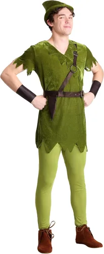 Adult Classic Peter Pan Costume Mens, Fantasy Neverland Lost Boy Green Halloween Outfit