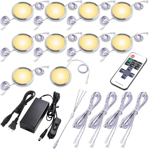 Vista 14 de Luces LED tipo puck delgadas bajo gabinete, Iluminación ambiental cableada de 110V, Enchufable y cableado directo empotrado, Enlazables en cadena