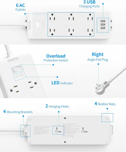 Vista 9 de Regleta de alimentación con 6 tomas espaciadas superanchas con USB, cable de extensión de 10 pies, protector de sobretensiones de enchufe plano