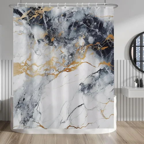 Vista 269 de Baocicco Cortina de ducha de mármol azul abstracto a rayas, decorativa, textura de lujo, línea moderna, decoración de acuarela, juego de cortinas