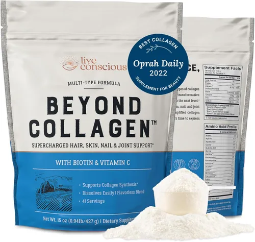 Live Conscious Beyond Collagen - Polvo de colágeno múltiple para mujeres con tipos I, II, III, V y X, apto para dieta cetogénica, mezcla de péptidos