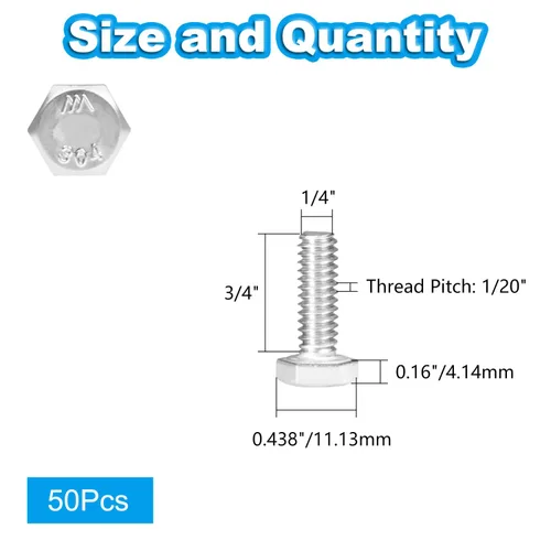Vista 2 de 50 tornillos de cabeza hexagonal de 1/4-20 x 3/4 pulgadas, acero
