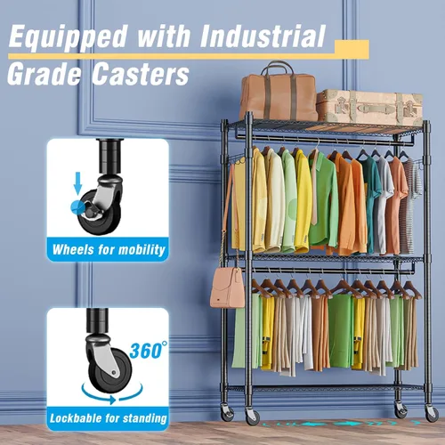 Vista 5 de Homdox Armario de doble barra de 3 estantes de alambre para ropa con ruedas y ganchos laterales