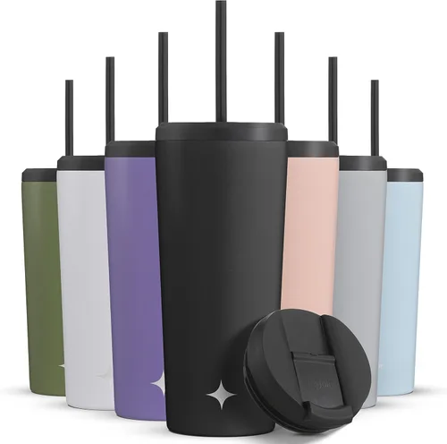 Vista 17 de JoyJolt Vaso aislado al vacío de 24 onzas con tapa y popote (2 de cada uno) vaso de acero inoxidable de doble pared al vacío, con forro de cobre