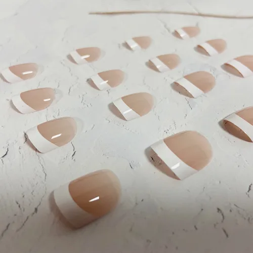 Vista 6 de Uñas postizas a presión de punta francesa, uñas postizas cuadradas cortas, uñas postizas color nude brillante, cobertura completa, puntas de uñas