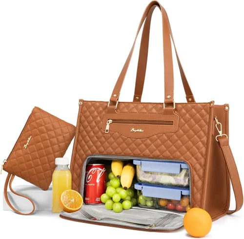 Vista 15 de Bolsa de almuerzo Bagstellar para mujer, bolsa de trabajo para laptop de 15.6 pulgadas con compartimento de lonchera aislada y bolso de mano de gran