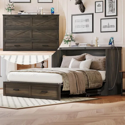 SOFTSEA Queen Size Farmhouse Murphy Cabinet Bed with Charging Station, Foldable Platform Bed with Large Storage Drawer for Guestroom, Small Bedroom