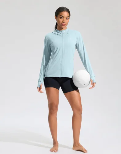Vista 8 de Soothfeel Chaqueta con capucha y protección solar UPF 50+ para mujer, ligera, de manga larga, con bolsillo, para senderismo al aire libre d-celeste