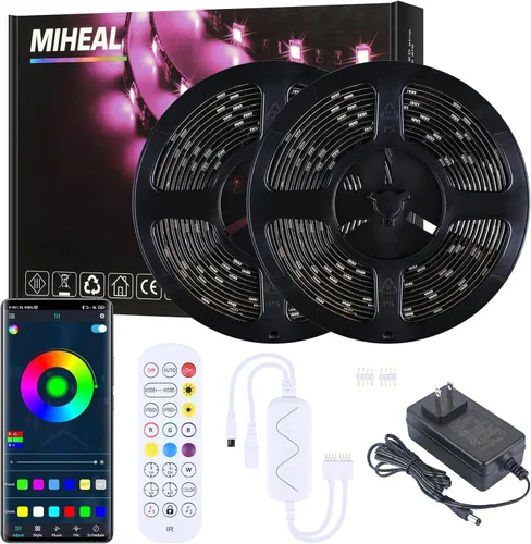 MIHEAL Kit de Tira de Luces LED 32.8 ft 10m 300 ledes Impermeable 5050 SMD RGB LED Luces Flexibles con Controlador RF de 24 Teclas y Fuente de