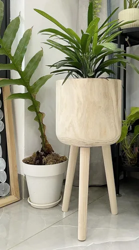 Vista 2 de RISEON - Maceta de madera moderna de mediados de siglo hecha a mano, soporte rústico para plantas de interior, maceta grande (grande)