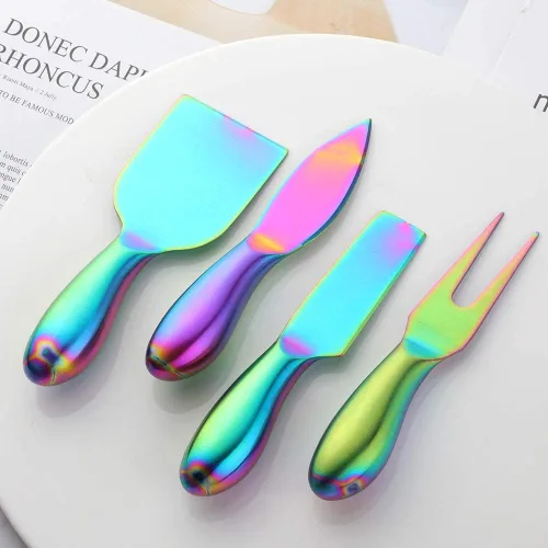 Vista 6 de Buyer Star Rainbow - Juego de 4 cuchillos de queso de acero inoxidable, mini cuchillos para queso, accesorios para tablero de charcutería, cuchillo