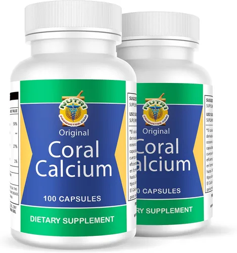 Calcio de Coral Set de 2 frascos con 100 cápsulas CADA uno. Reforzado con Vitamina D y Magnesio.Combate: Cansancio, Dolor de huesos, insomnio,