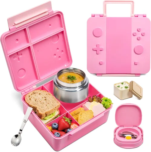 Vista 11 de Caja Bento Game para niños, lonchera con termo (tarro de comida de 9 onzas), cuchara plegable, divisor extraíble y taza de salsa, lonchera infantil