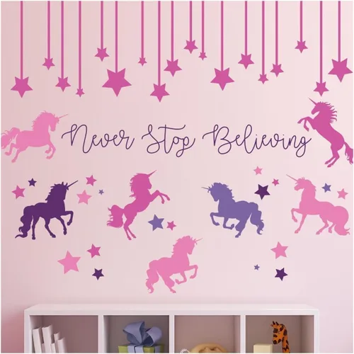 Unicorn Stickers for Kids Room - Never Stop Believing Magical Themed Wall Decor - Vinyl Mural for Girls or Boys Bedroom, Baby Nursery, or Playroom