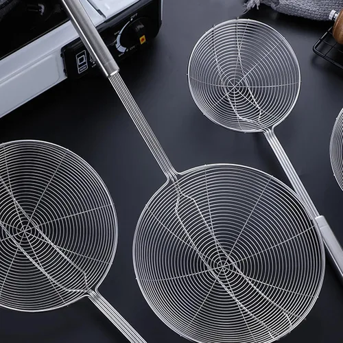 Vista 8 de Espumador de araña de acero inoxidable, juego de 2 cucharas coladoras de pasta de cocina profesional con mango largo