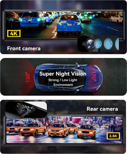 Vista 2 de REDTIGER Cámara de espejo T27 frontal y trasera, cámara de espejo retrovisor 4K+2.5K, pantalla táctil UHD de 11 pulgadas, cámara de respaldo